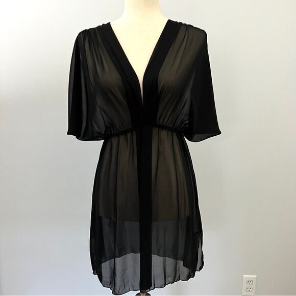 NWOT Bisou Bisou Black Sheer Cinched Waist Dress CoverUp Blouse Small - Picture 1 of 7